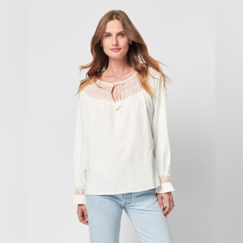 Faherty Laura Embroidered Top Cream Blouse with Tan Accents Small